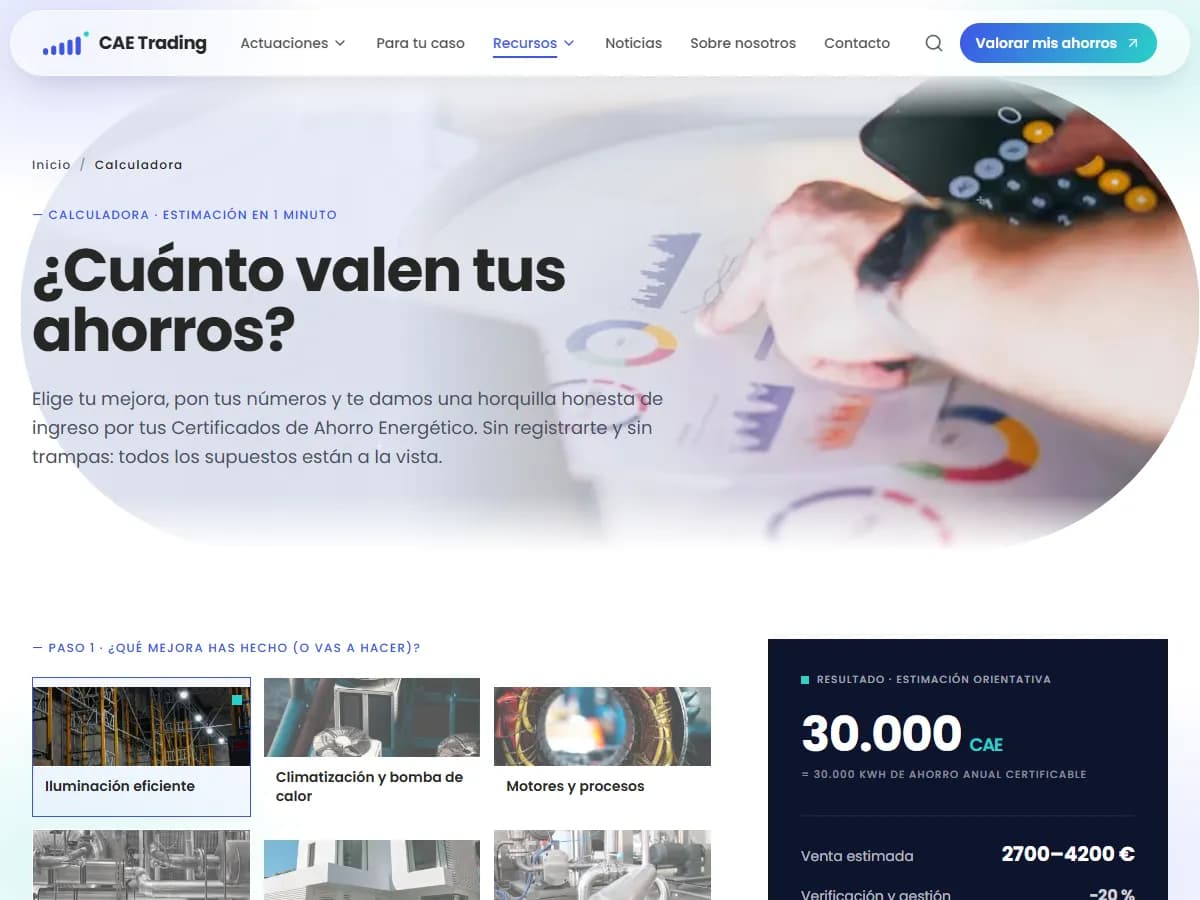 Calculadora de caetrading.es con una estimación de 30.000 CAE y su horquilla de venta